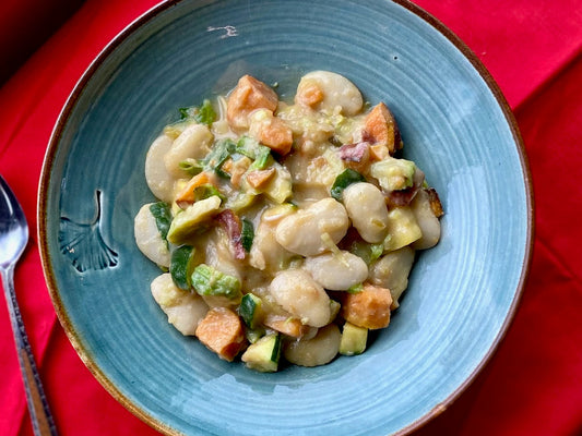 Organic Butter Bean Ragout with Organic Butternut Squash, Brussels Sprouts, Zucchini, Broccoli & Spinach