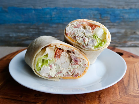 Roasted Chicken Club Wrap with Bacon, Cheddar Cheese, Romaine Lettuce & Tomatoes