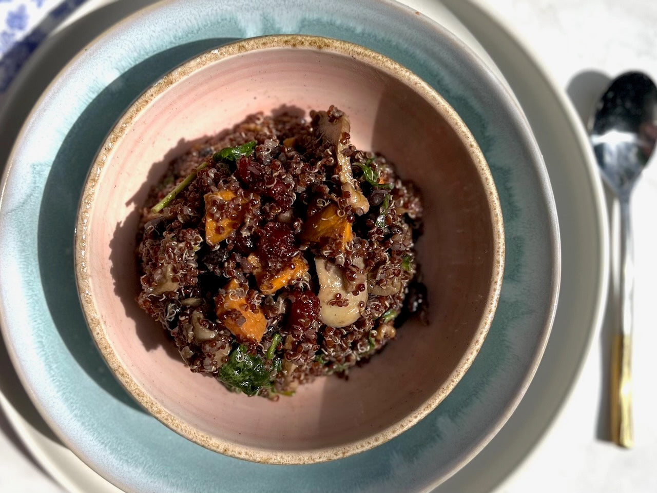 Quinoa bio, haricots noirs, champignons, noix, épinards, patate douce et canneberge