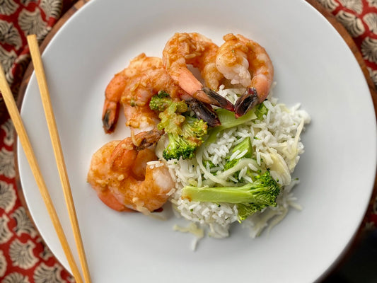 Sweet & Sour Shrimp, Organic Rice with Carrots and Broccoli