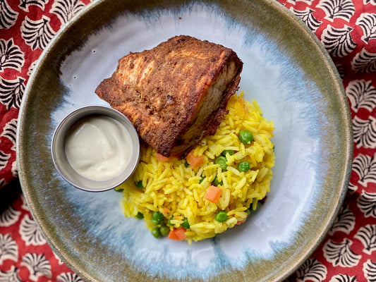 Tandoori-Spiced Salmon Filets, Cilantro-Lime Aioli, Organic Rice with Turmeric Cauliflower & Peas